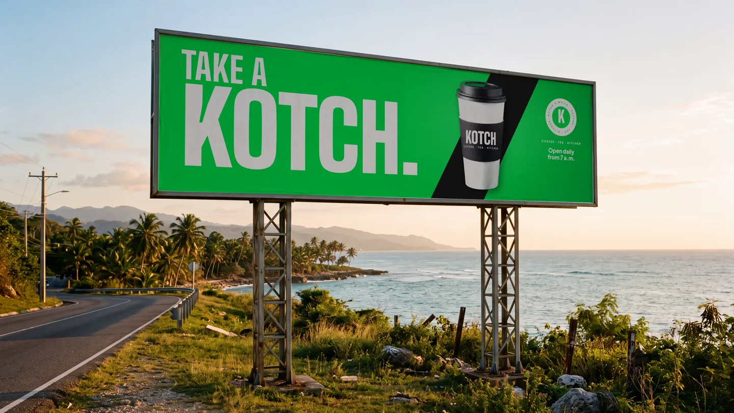 A roadside billboard on a coastal highway at sunset reading TAKE A KOTCH. beside a Kotch hot cup on a black diagonal and a round K mark, with the sea and palms behind