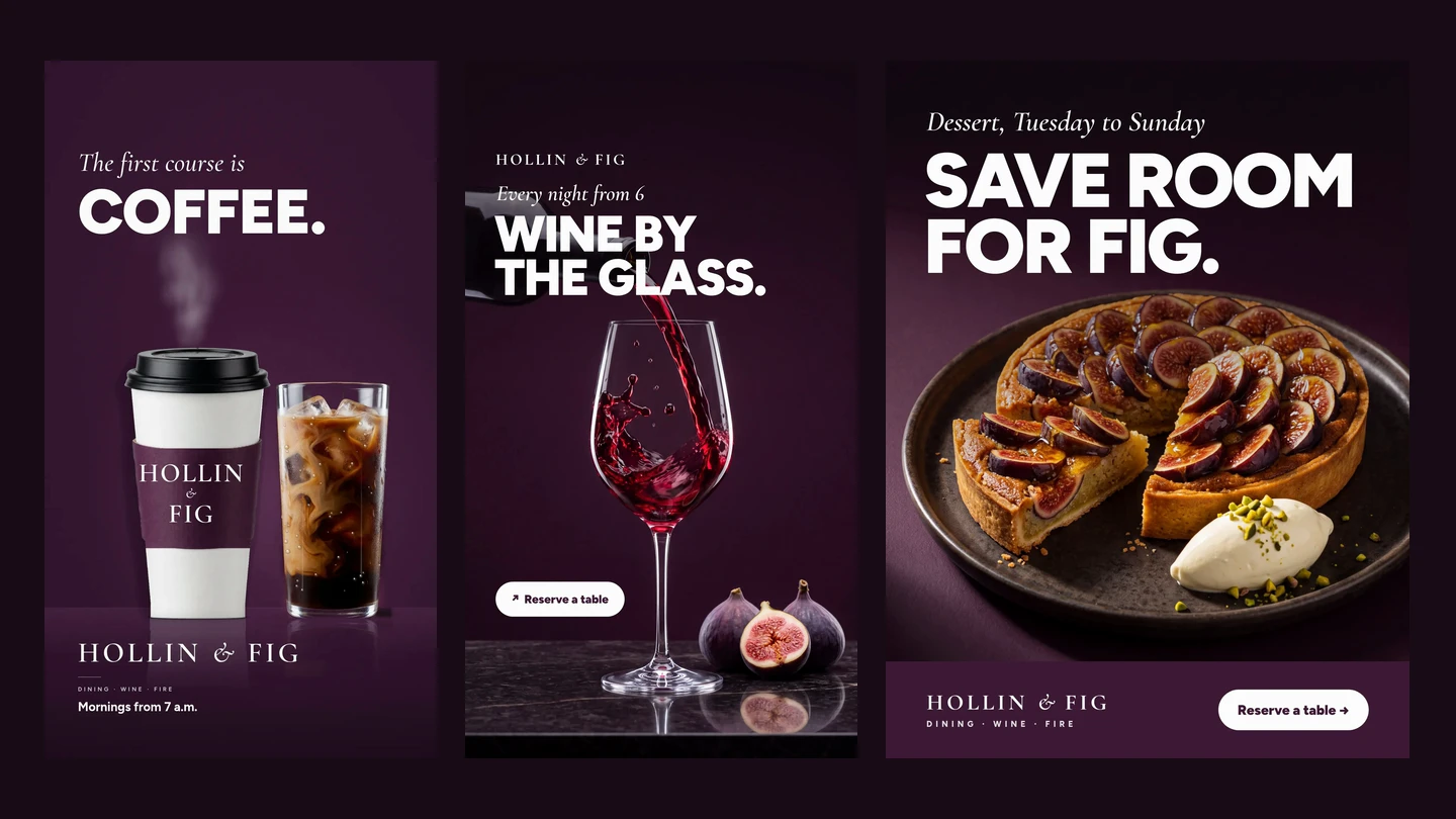 Three Hollin & Fig posters on deep fig: The first course is coffee; Wine by the glass; Save room for fig