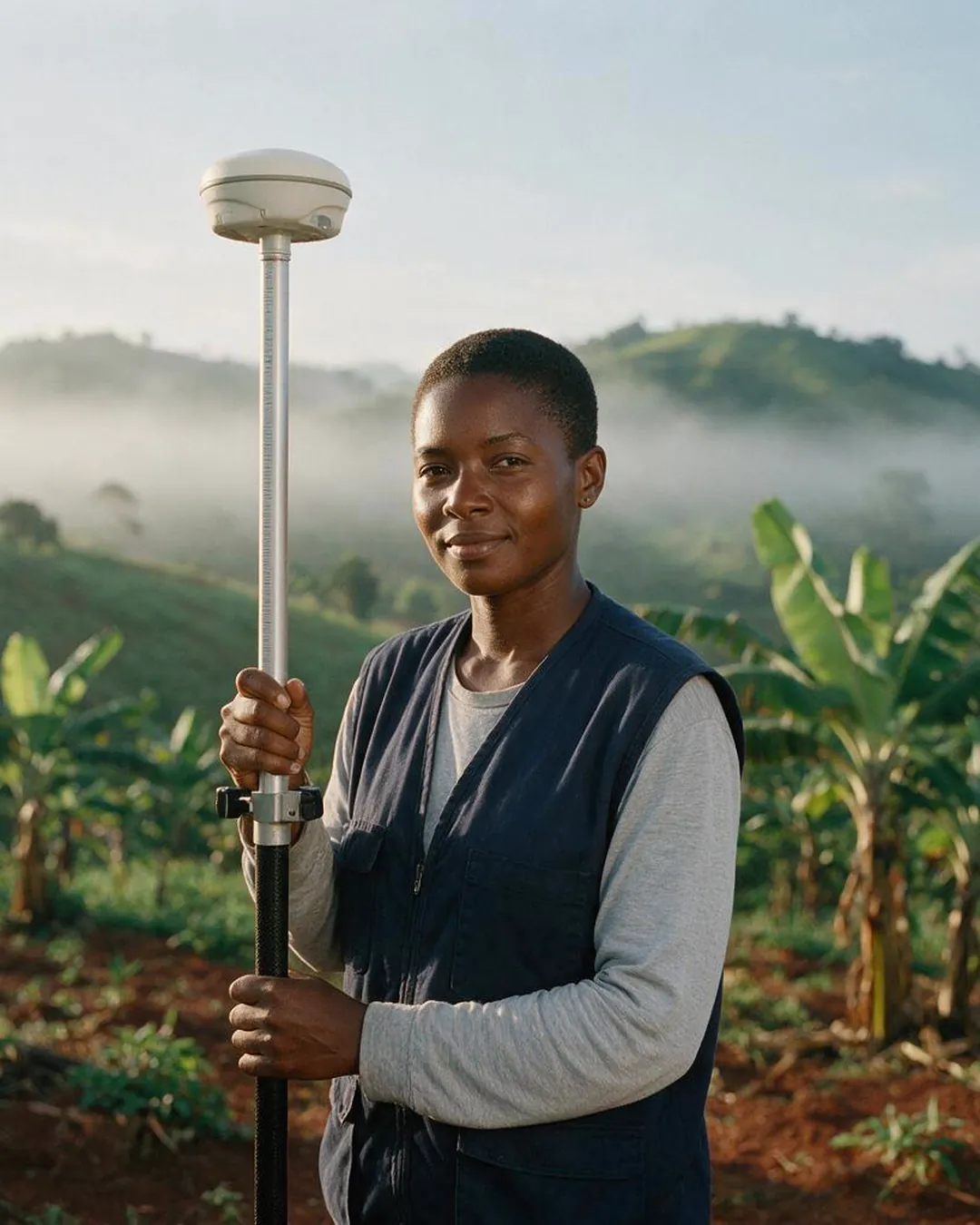 A surveyor in a navy vest holds a survey pole on a misty green hillside.