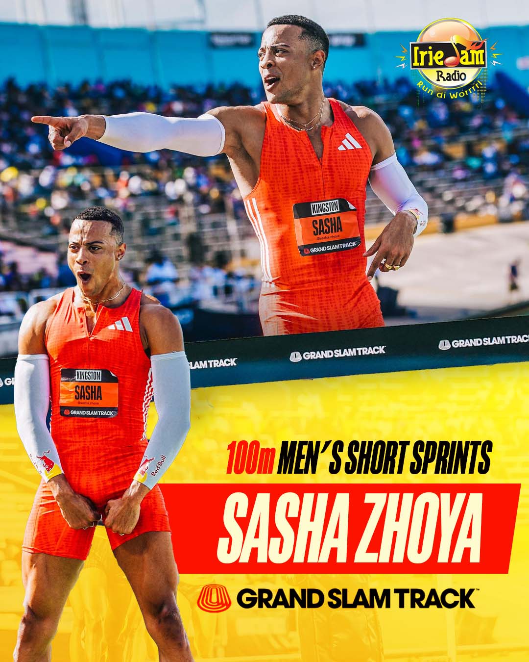 Grand Slam Track athlete graphic — Sasha Zhoya, men's 100m short sprints, designed by Ralmar